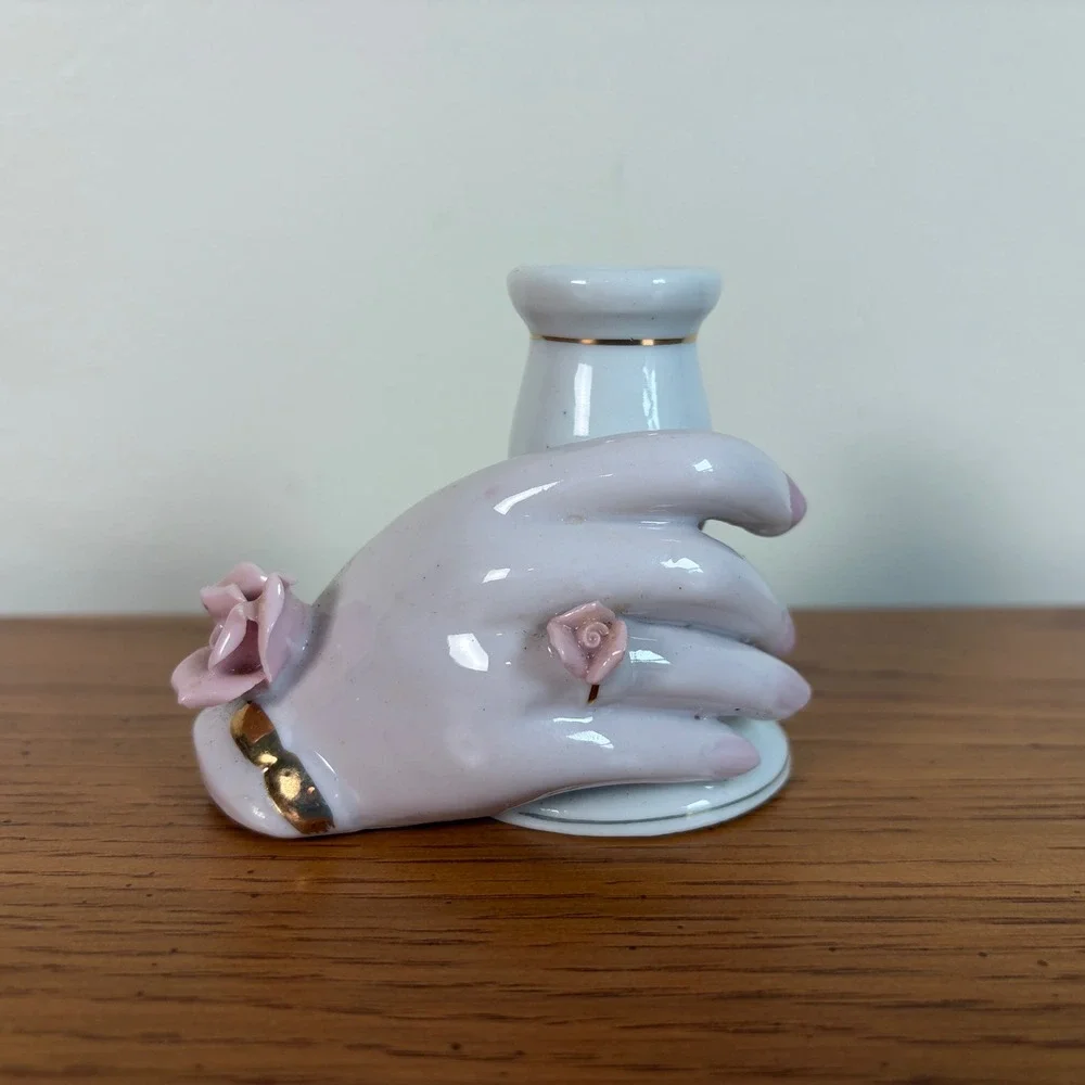 Royal Japan Hand Painted Porcelain Lady Hand Candle Holder Pink Roses Gold